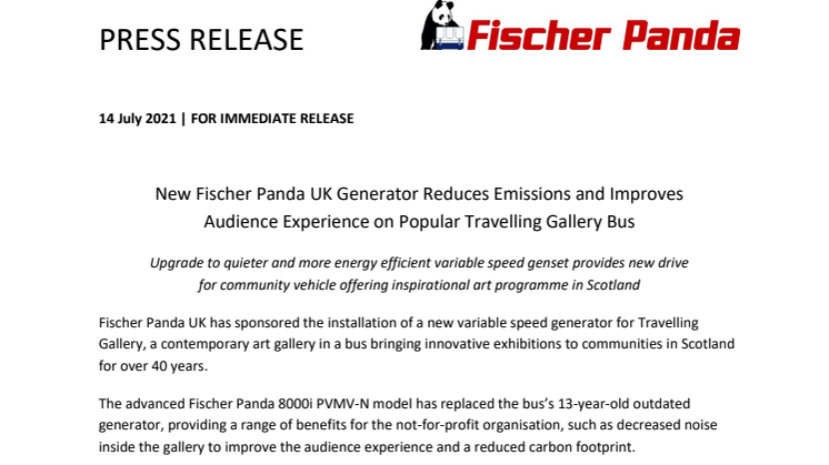 New Fischer Panda UK Generator for Travelling Gallery Bus