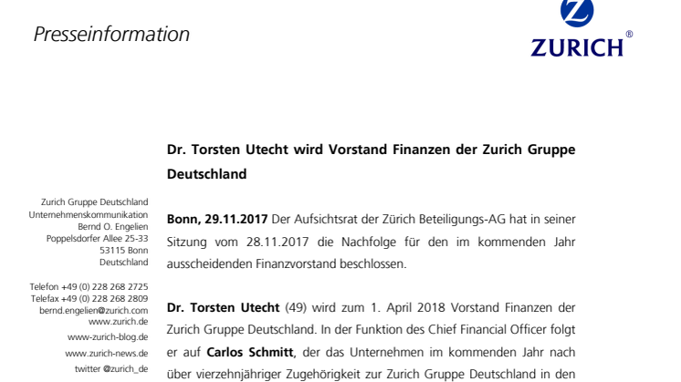 Dr. Torsten Utecht wird Vorstand Finanzen der Zurich Gruppe Deutschland