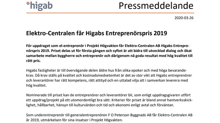 Elektro-Centralen får Higabs Entreprenörspris 2019