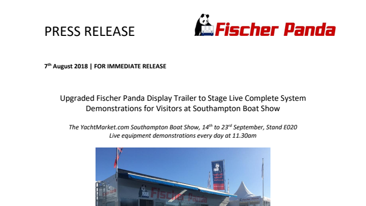 Upgraded Fischer Panda Display Trailer to Stage Live Complete System Demonstrations for Visitors at Southampton Boat Show