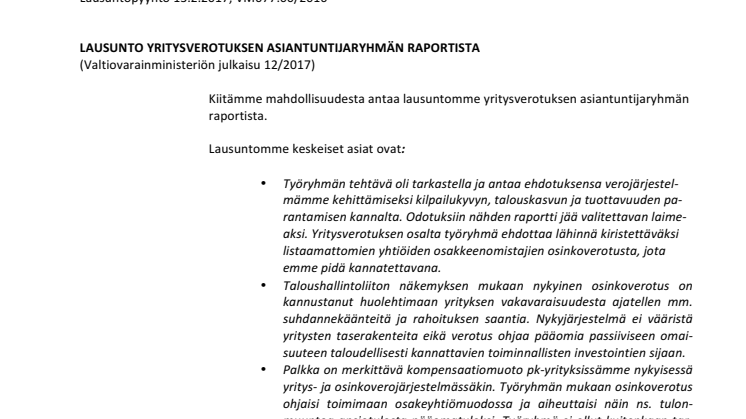 TAL Lausunto yritysverotuksen aiantuntijaryhmän raportista 31.3.2017