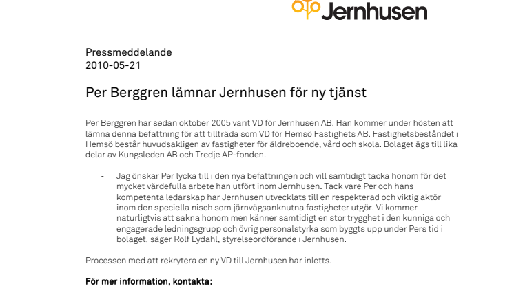 Per Berggren lämnar Jernhusen för ny tjänst