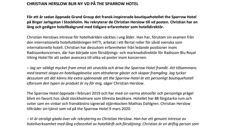 Christian Herslow blir ny vd på The Sparrow Hotel