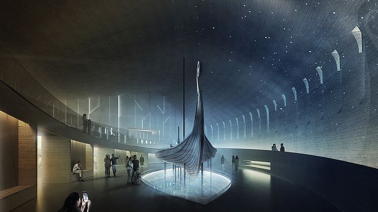 Illustration of how one of the Viking ships will look in the new building at Bygdøy. (Illustrations: AART Architects/Statsbygg)