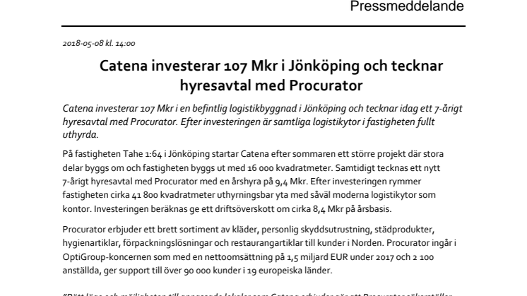 Catena investerar 107 Mkr i Jönköping och tecknar hyresavtal med Procurator