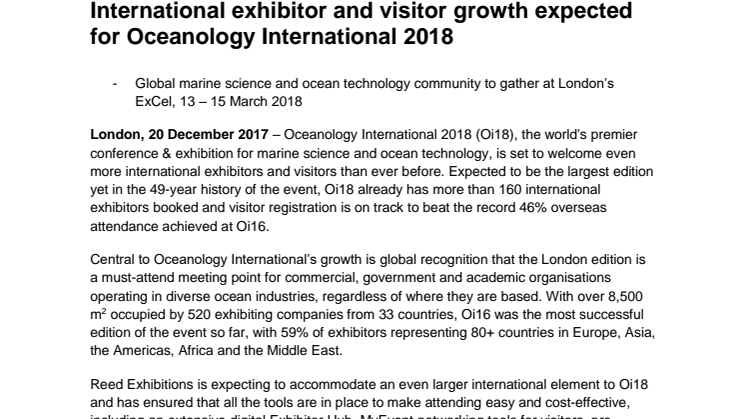 Oceanology International London: International exhibitor and visitor growth expected for Oceanology International 2018