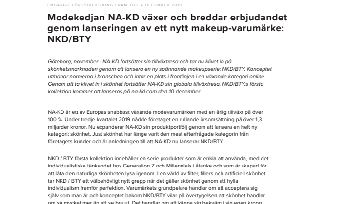  NA-KD växer och breddar erbjudandet genom lanseringen av ett nytt makeup-varumärke: NKD/BTY