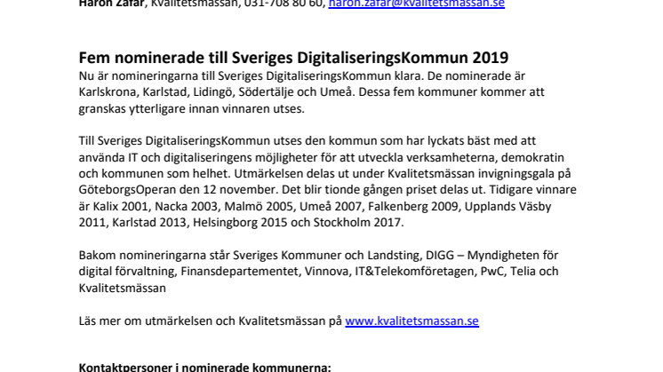 Fem nominerade till Sveriges DigitaliseringsKommun 2019