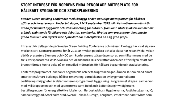 Stort intresse för Nordens enda renodlade mötesplats för hållbart byggande och stadsplanering