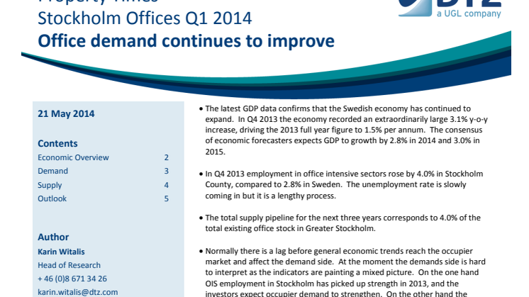 Property Times Stockholm Office Q1 2014 - Office demand continues to improve