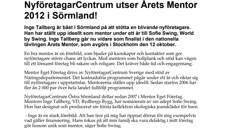 NyföretagarCentrum utser Årets Mentor 2012 i Sörmland!