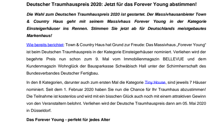 Deutscher Traumhauspreis 2020: Jetzt für das Forever Young abstimmen!