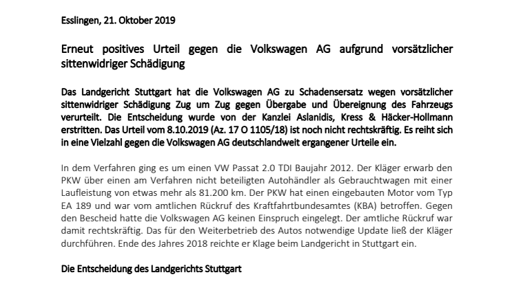 Erneut positives Urteil gegen die Volkswagen AG aufgrund vorsätzlicher sittenwidriger Schädigung