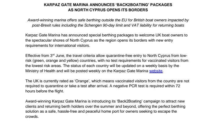 Karpaz Gate Marina Announces ‘Back2Boating’ Packages as North Cyprus Opens its Borders