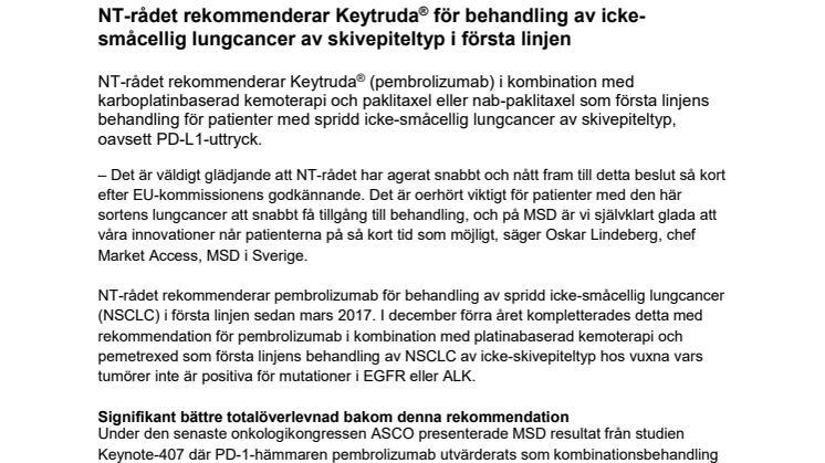 NT-rådet rekommenderar Keytruda® för behandling av icke-småcellig lungcancer av skivepiteltyp i första linjen
