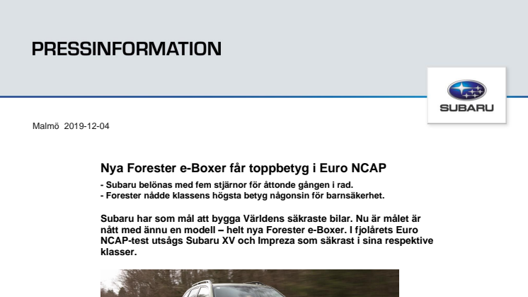 Nya Forester e-Boxer får toppbetyg i Euro NCAP