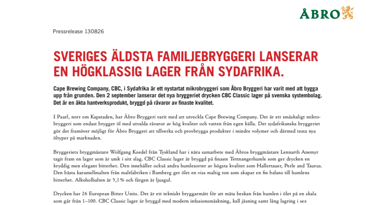 Sveriges äldsta familjebryggeri lanserar en högklassig lager från Sydafrika