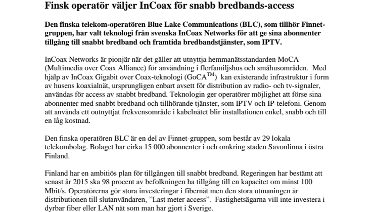 Finsk operatör väljer InCoax för snabb bredbands-access