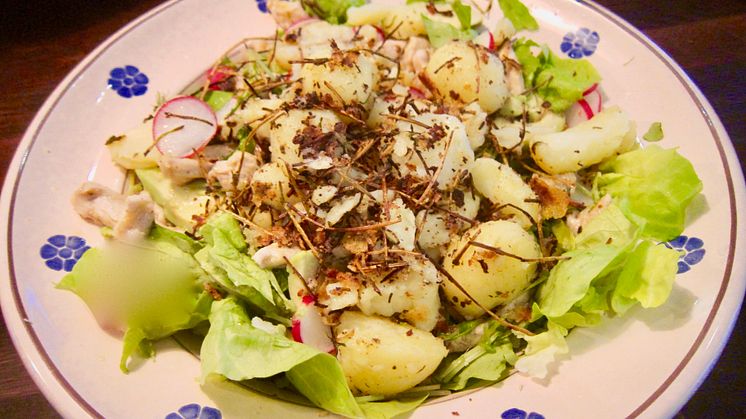 Sallad med stekt potatis, kyckling och avokado