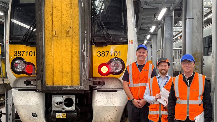 First-in-class 387 prepped ready for ETCS retrofit. Pictured from left are Govia Thameslink Railway ERTMS Fleet Project Manager Aaron Meakin, Alstom Lead Project Manager Ian Coleman and Porterbrook Fleet Engineer Mick Ridgeway (download below)