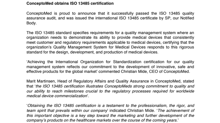 ConceptoMed obtains ISO 13485 certification