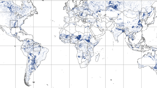 Snapshot av världens flodslätter framtaget med verktyget GFPLAIN.  Bild: Fernando Nardi et al.