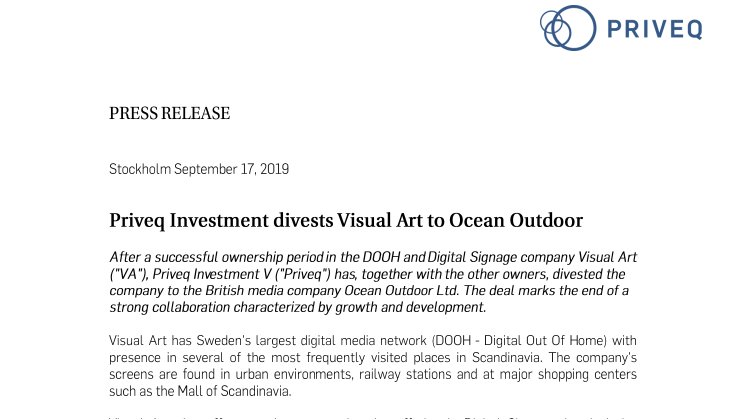 Priveq Investment divests Visual Art to Ocean Outdoor