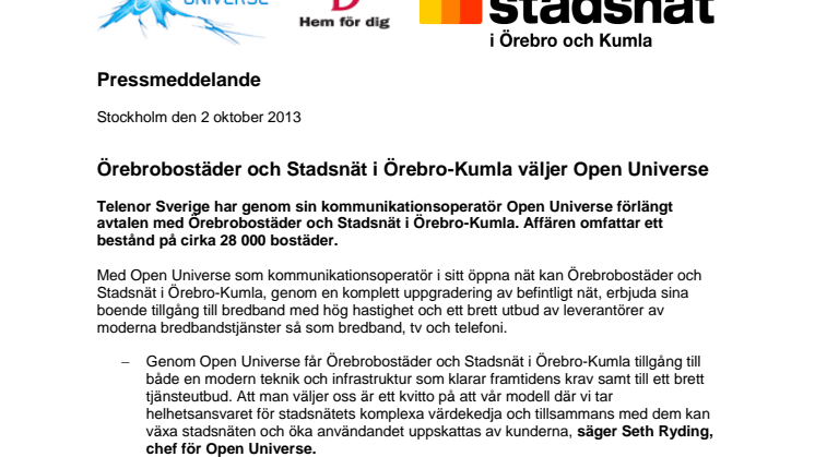 Örebrobostäder och Stadsnät i Örebro-Kumla väljer Open Universe