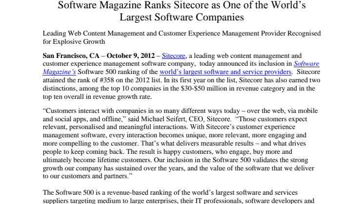 Software Magazine Ranks Sitecore as One of the World’s Largest Software Companies 