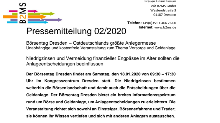 Niedrigzinsen bleiben Herausforderung für Geldanlage und Altersvorsorge - Börsentag Dresden, 18.01.2020