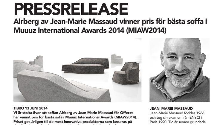 Airberg av Jean-Marie Massaud vinner pris för bästa soffa i Muuuz International Awards 2014 (MIAW2014)