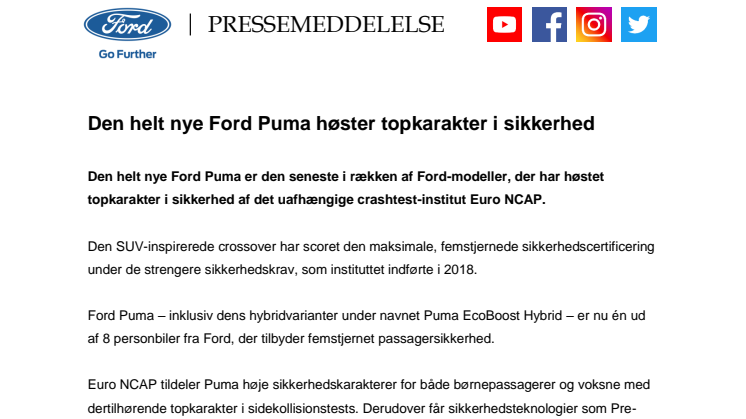 Den helt nye Ford Puma høster topkarakter i sikkerhed