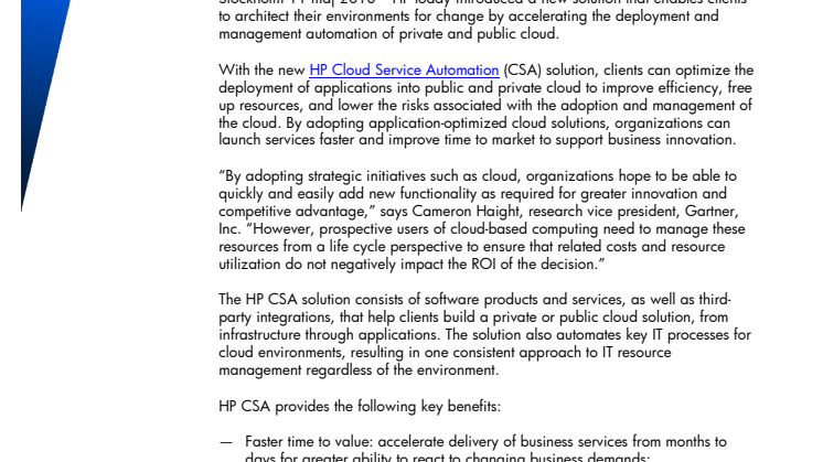 Företag får ökad flexibilitet i molnet med HPs nya lösning HP Cloud Service Automation 
