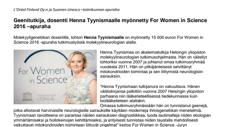 Henna Tyynismaa, For Women in Science -apurahan saaja 2016