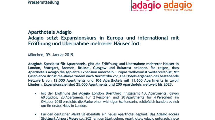 Aparthotels Adagio: Adagio setzt Expansionskurs in Europa und international mit Eröffnung und Übernahme mehrerer Häuser fort