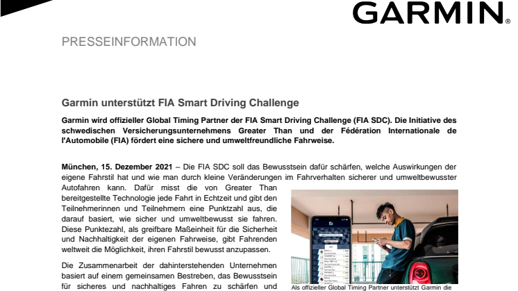 PM Garmin unterstützt FIA Smart Driving Challenge