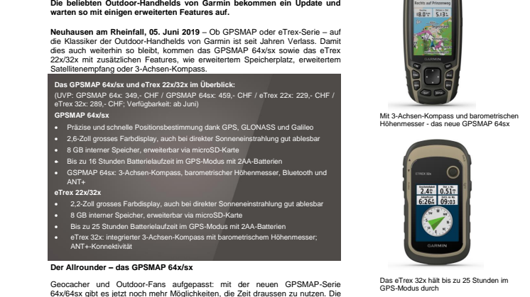 Ein Upgrade – zwei Serien: das GPSMAP 64x/sx sowie das eTrex 22x/32x 
