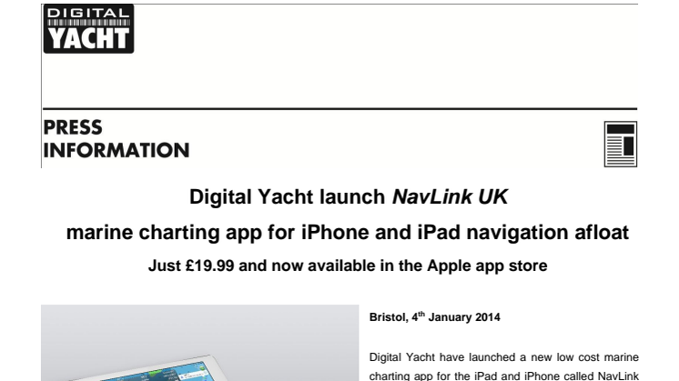 Digital Yacht launch NavLink UK marine charting app for iPhone and iPad navigation afloat