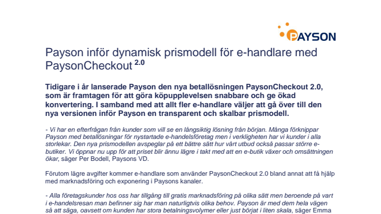 Payson inför dynamisk prismodell för e-handlare med PaysonCheckout 2.0