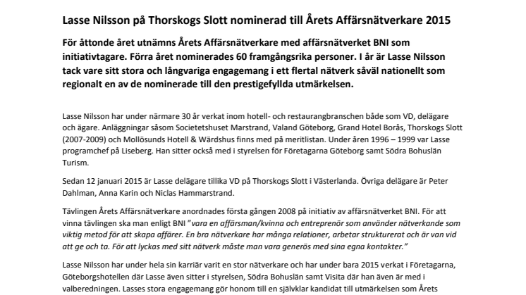 Lasse Nilsson på Thorskogs Slott nominerad till Årets Affärsnätverkare 2015