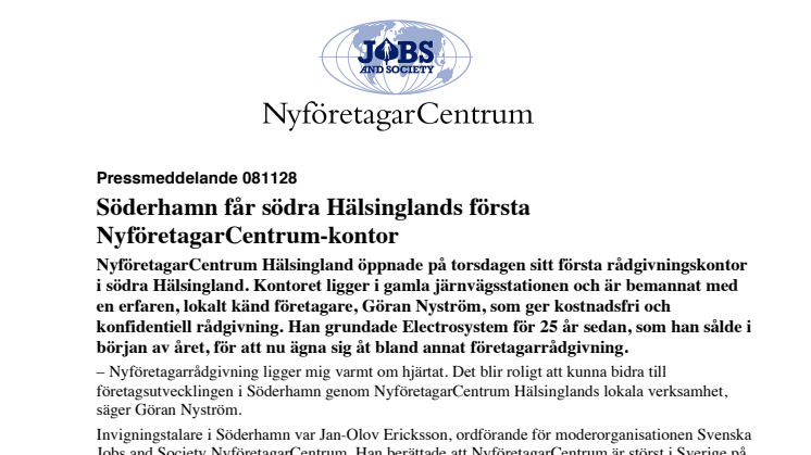 Söderhamn får södra Hälsinglands första NyföretagarCentrum-kontor