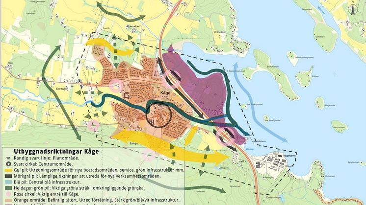 Bild: Utbyggnadsriktningar för Kåge. Kartan föreslår områden att utreda vidare i det fortsatta planarbetet. Kartan visar en första avvägning mellan olika intressen, mark- och vattenanvändning.