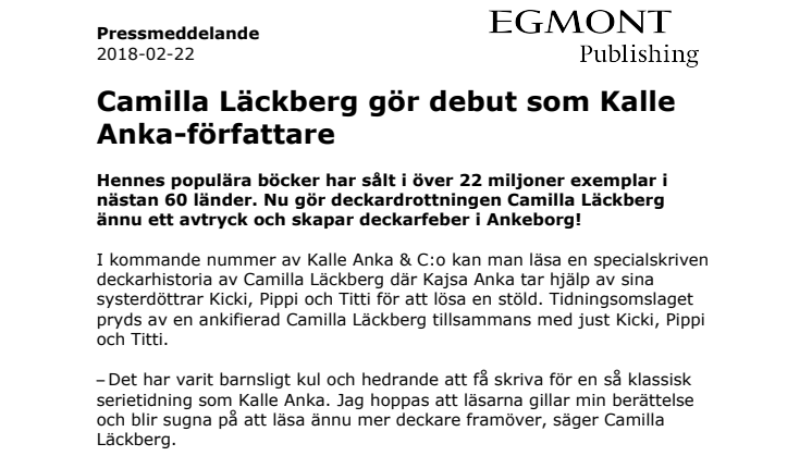 Camilla Läckberg gör debut som Kalle Anka-författare