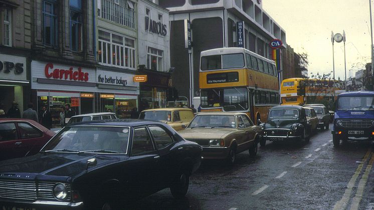 Northumberland Street at the junction of Northumberland Road in the early 1980s. The BHS/C&A building is now Primark
