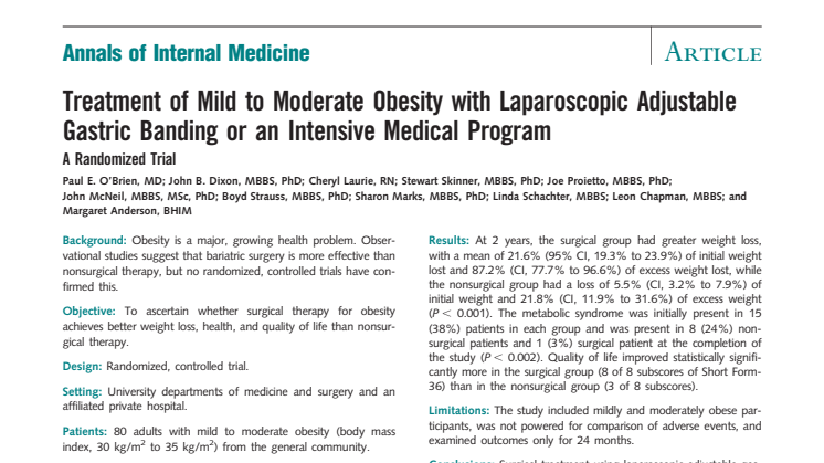 Treatment of Mild to Moderate Obesity with Laparoscopic Adjustable Gastric Banding or an Intensive Medical Program
