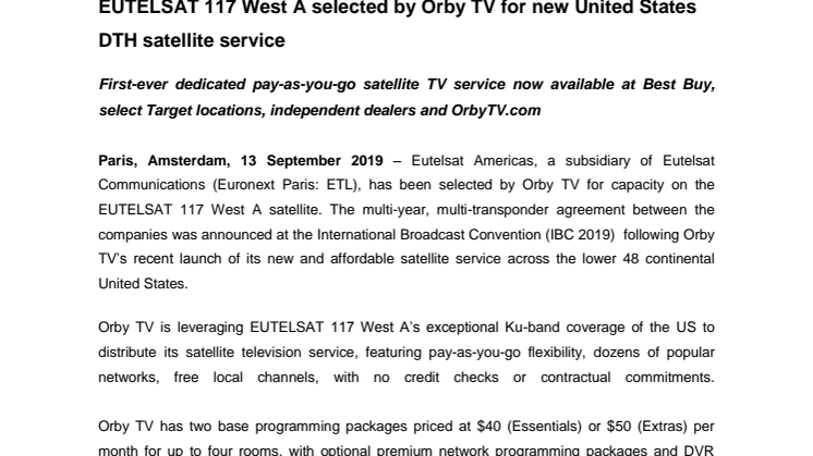 EUTELSAT 117 West A selected by Orby TV for new United States DTH satellite service 