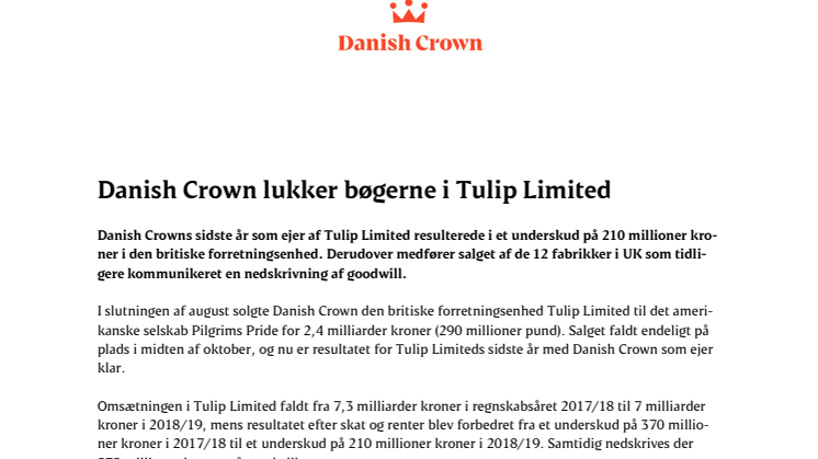 Danish Crown lukker bøgerne i Tulip Limited 