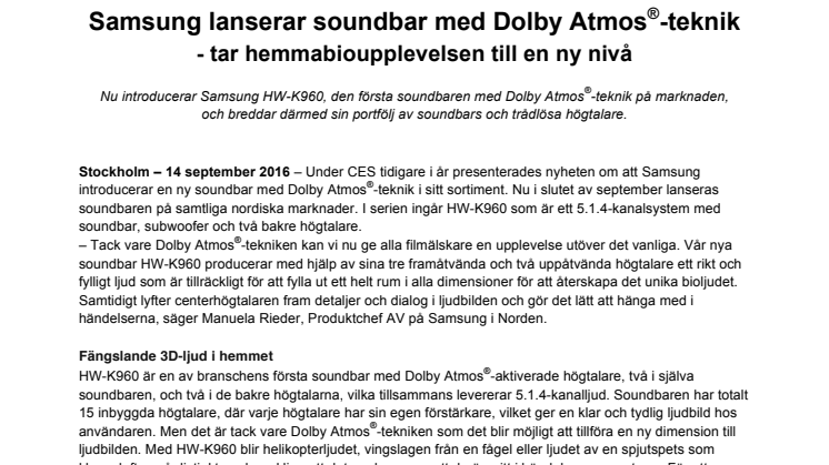 Samsung lanserar soundbar med Dolby Atmos®-teknik