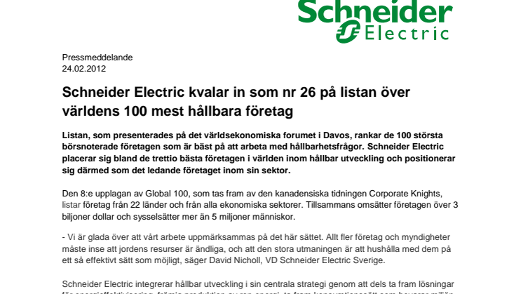 Schneider Electric kvalar in som nr 26 på listan över världens 100 mest hållbara företag 
