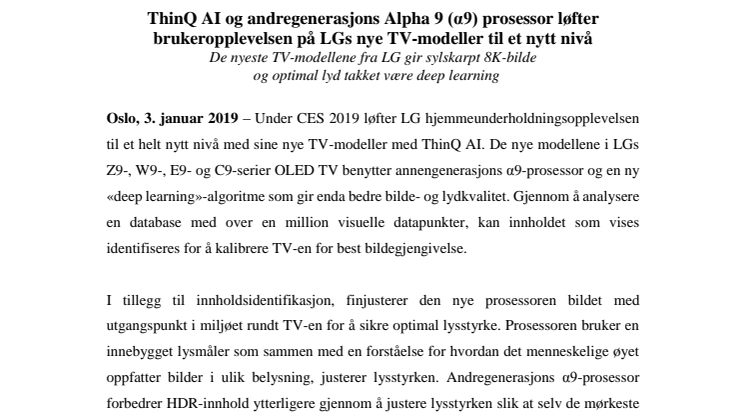 ThinQ AI og andregenerasjons Alpha 9 (α9) prosessor løfter  brukeropplevelsen på LGs nye TV-modeller til et nytt nivå 